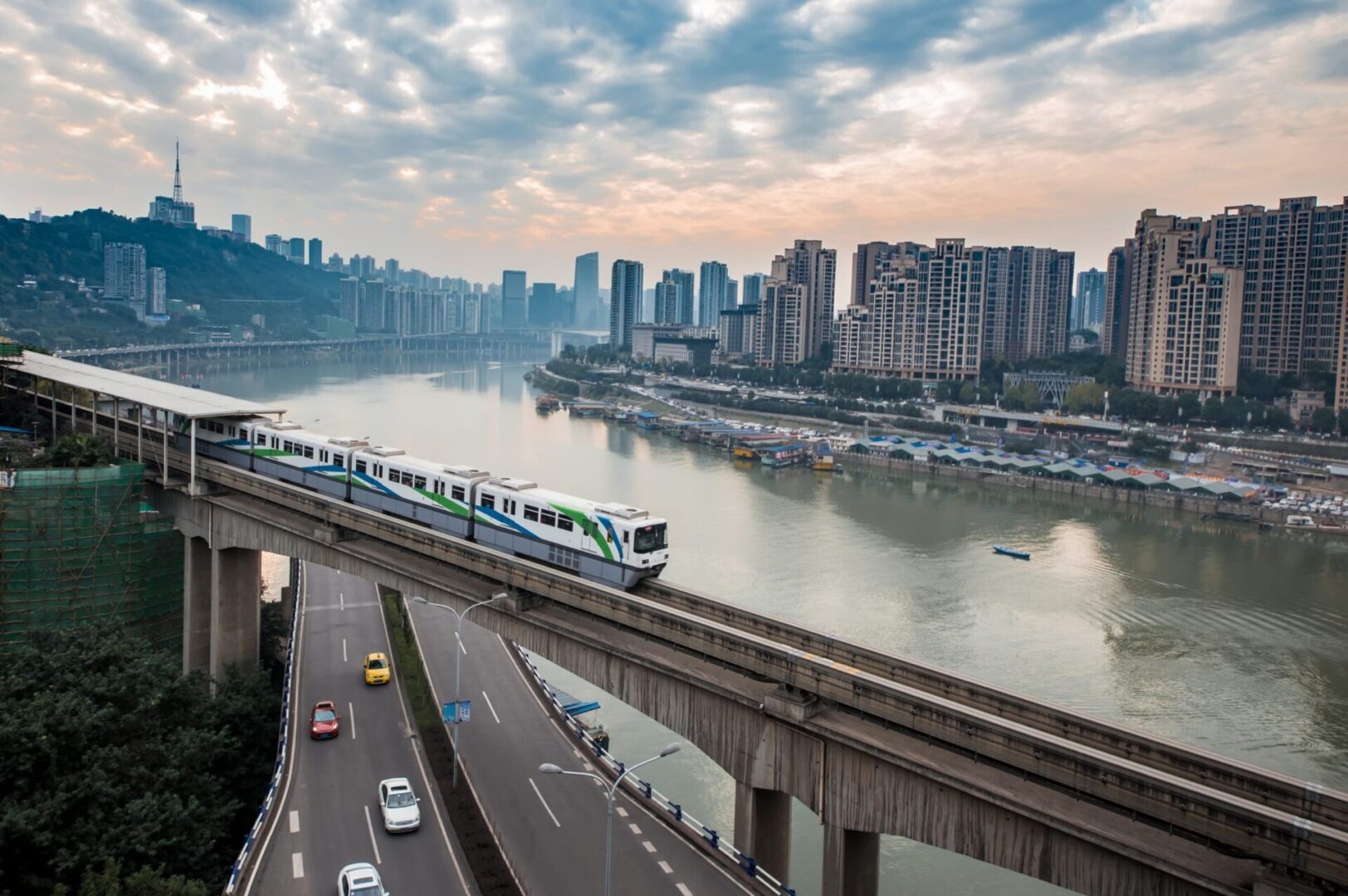 China,Chongqing,Elevated,Light,Rail,,Modern,City,Traffic,Perspective.